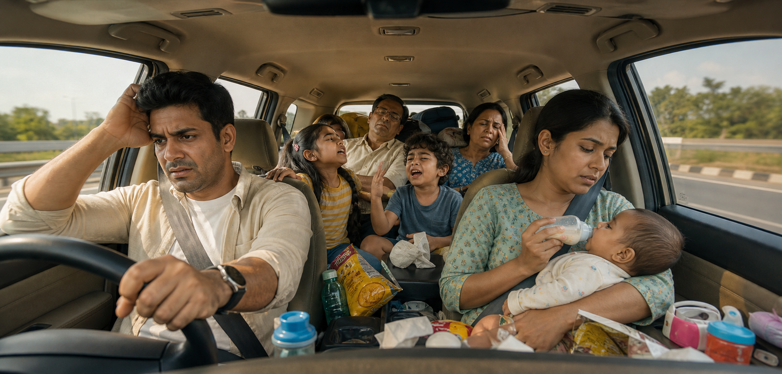 A chaotic family road trip inside a car